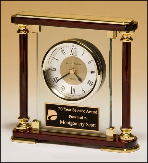 Traditional Glass And Rosewood Piano-Finish Clockwith Gold Metal Accents